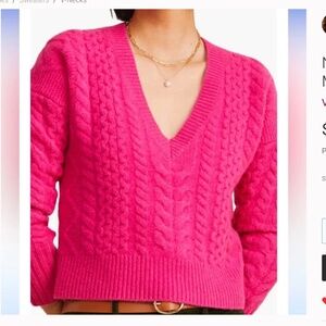 Vineyard Vines Cropped Cable V-Neck Fisherman Sweater in Dahlia Pink Size Medium